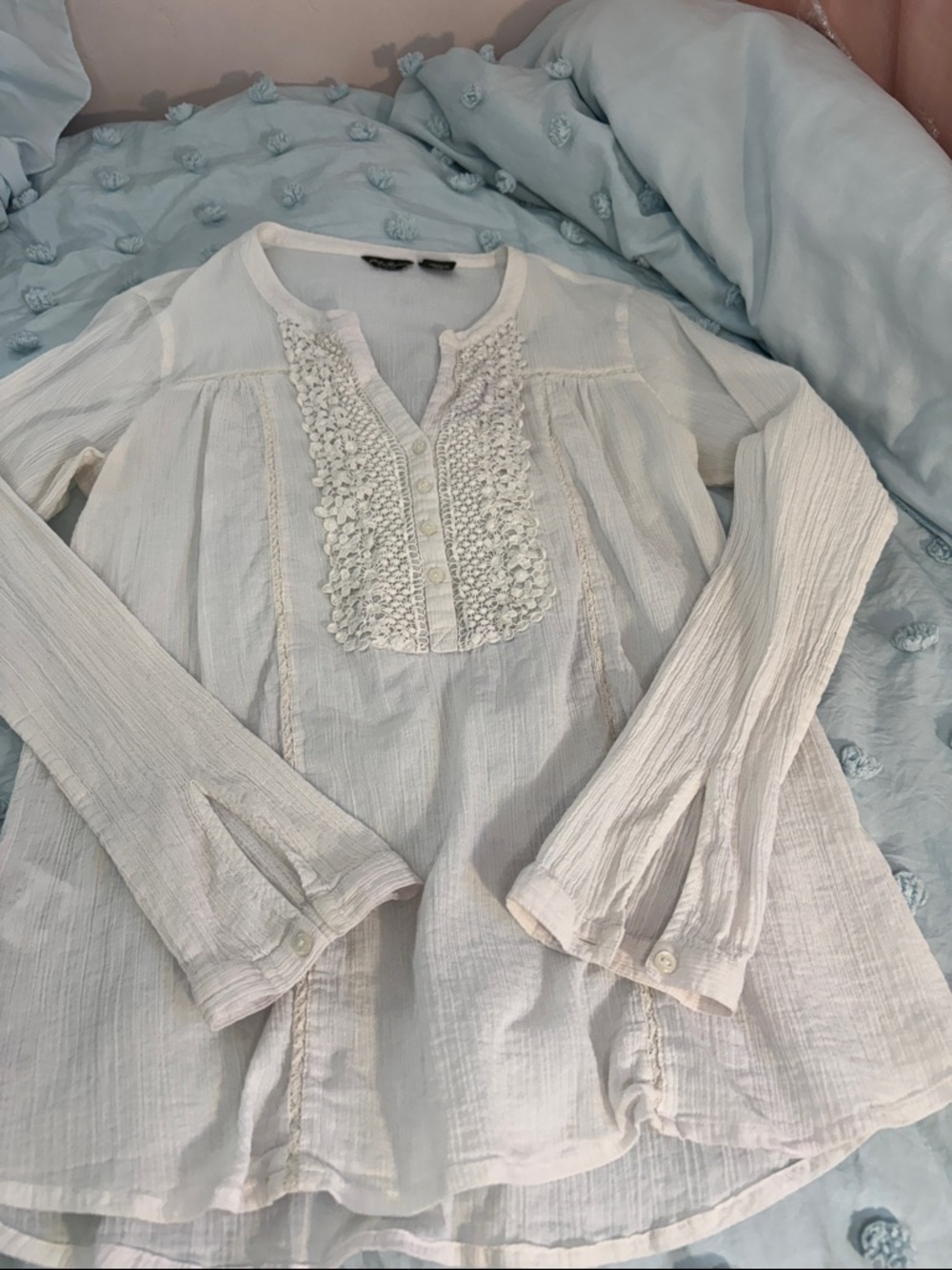 Eddie Bauer White Women's 💯% Cotton Peasant Tunic with Crochet Bib